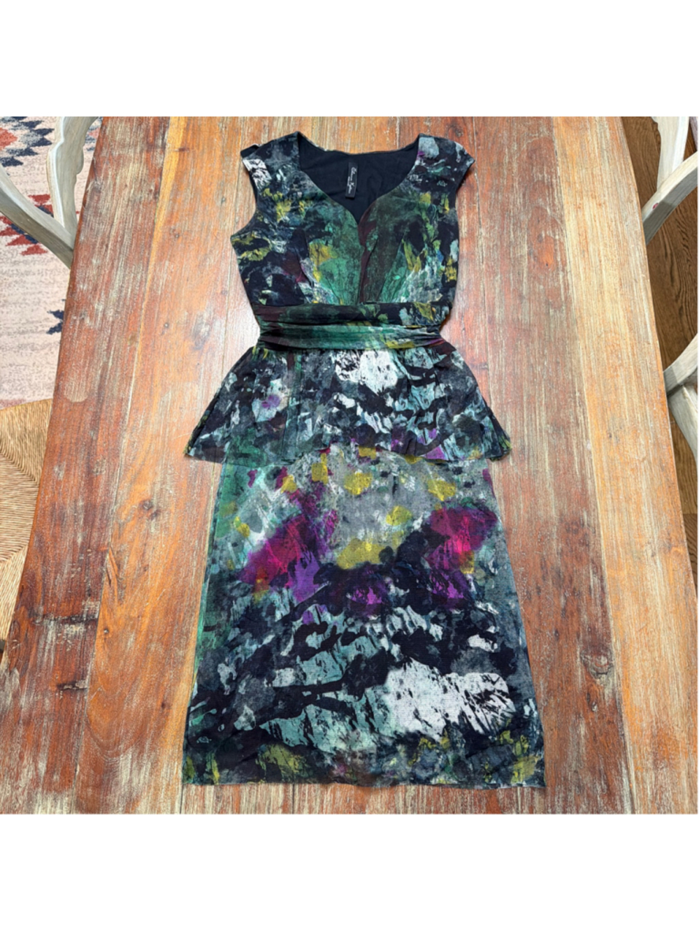 Elana Kattan Abstract Print Mesh Peplum Midi Dress XS Made in USA Fairy Grunge